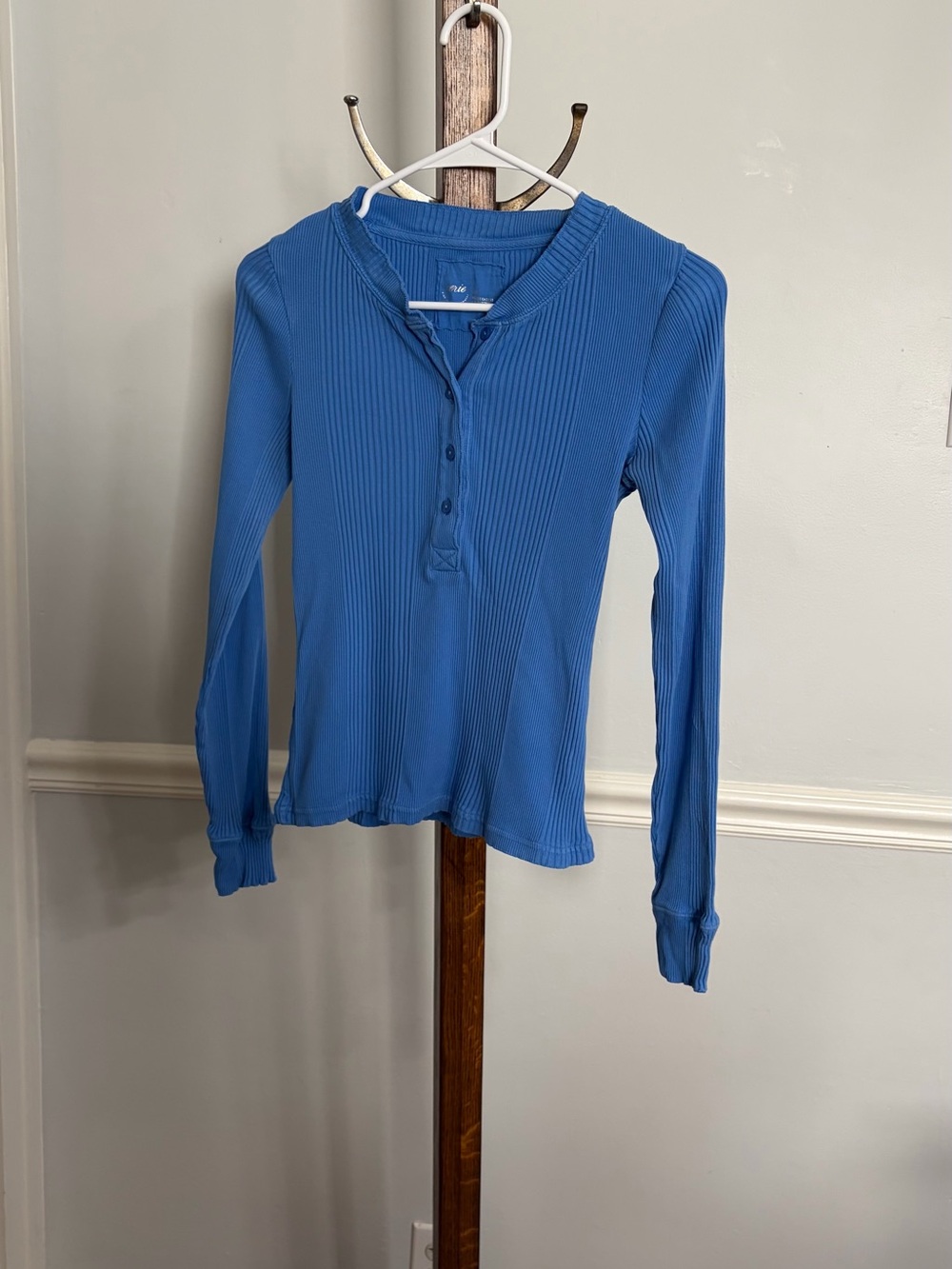 aerie Blue Ribbed Henley Long-Sleeve Top